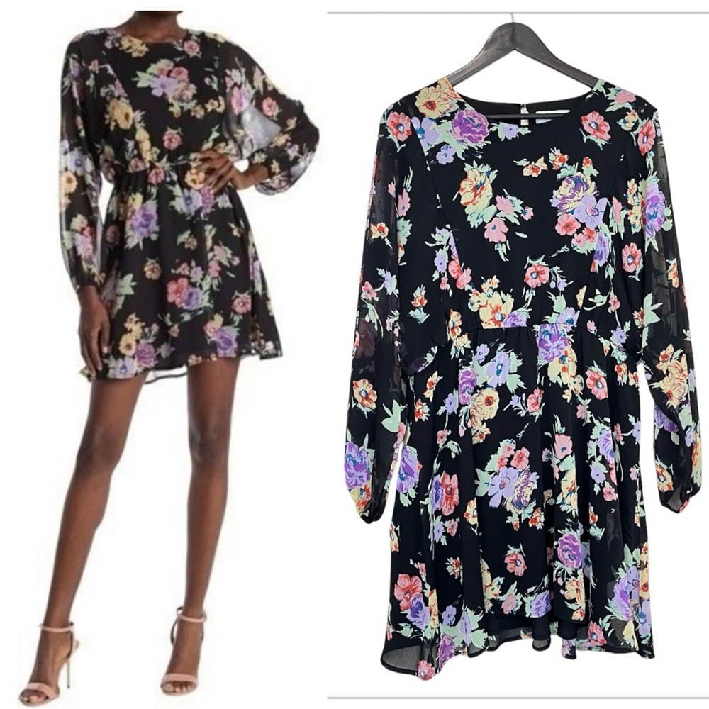 WAYF Floral Chiffon Long Dolman Sleeve Mini Dress - Size XL